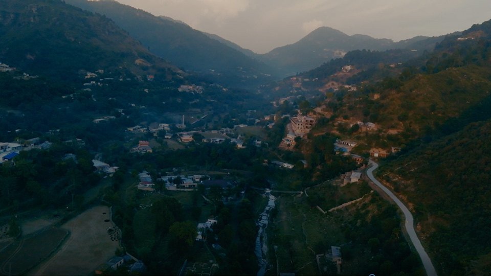 Aerial view of the mountain village at dusk in the Gokina area