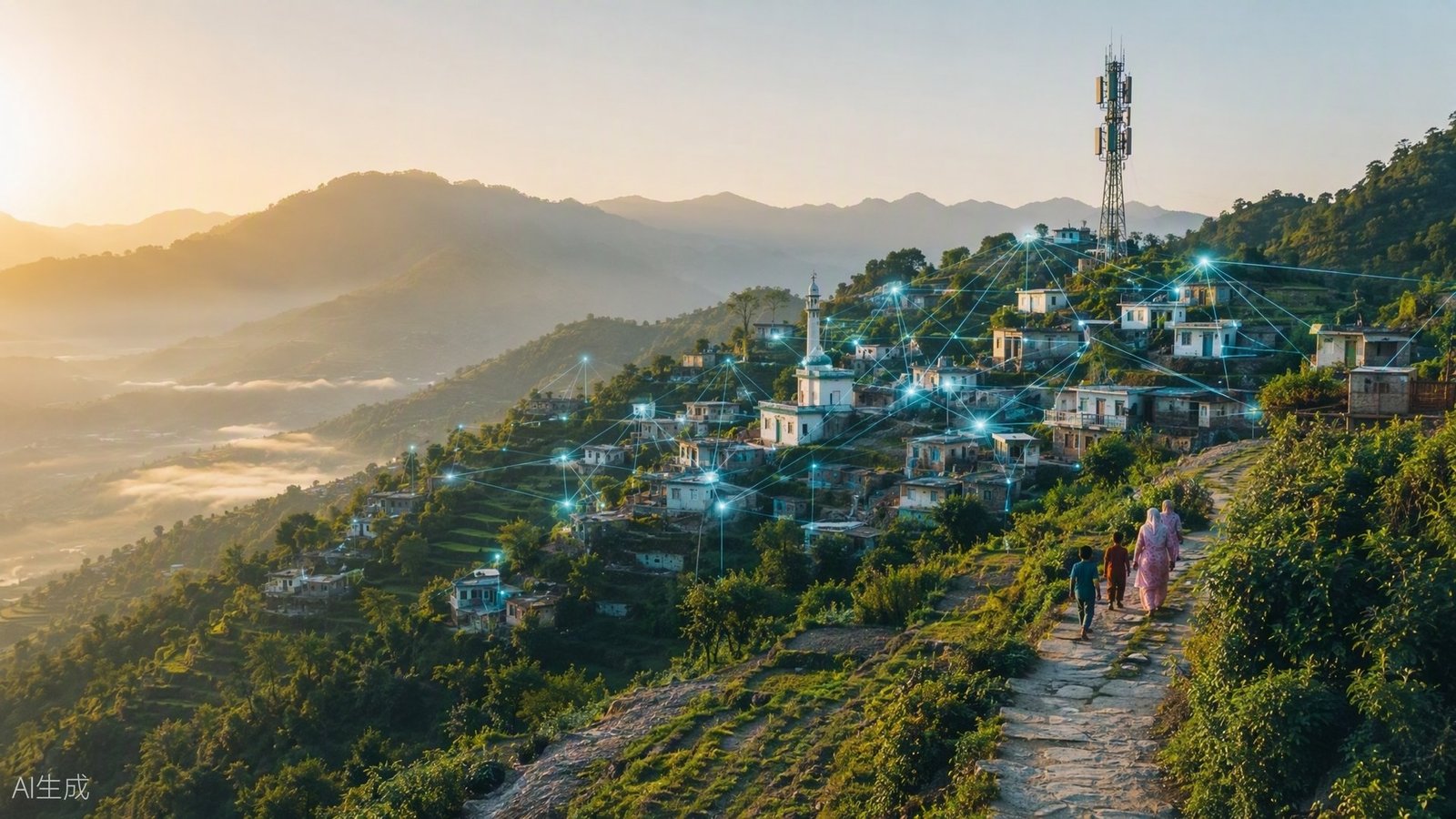 AI-generated cinematic visualization of a mountain smart village whose homes are linked by a glowing digital network