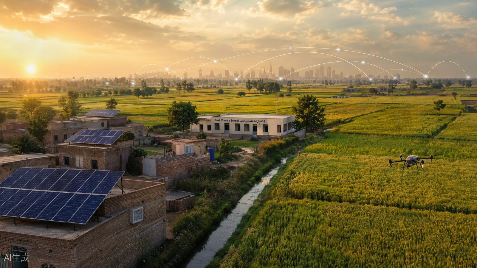 AI-generated visualization of a Punjab farming village with solar rooftops and an agricultural drone overhead